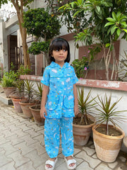 Blue Color Summer Cotton Night Suit For Kids - Baby Nightwear Pakistan (GL 08)