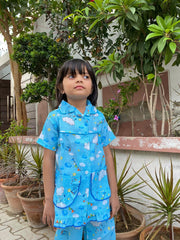 Blue Color Summer Cotton Night Suit For Kids - Baby Nightwear Pakistan (GL 08)