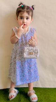 White Floral 2 Pcs Sleeveless Casual Frock With Matching Hairband For Baby Girl-Cotton Stuff Summer Baby Frocks