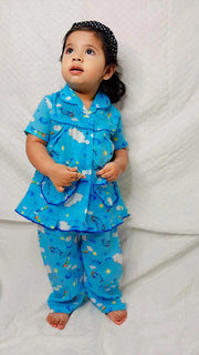 Blue Color Summer Cotton Night Suit For Kids - Baby Nightwear Pakistan (GL 08)