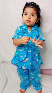 Blue Color Summer Cotton Night Suit For Kids - Baby Nightwear Pakistan (GL 08)