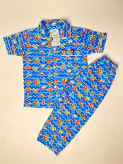 Blue Color Summer Cotton Night Suit For Kids - Baby Nightwear Pakistan (BY 08)