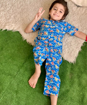 Blue Color Summer Cotton Night Suit For Kids - Baby Nightwear Pakistan (BY 08)