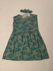 Green Leaves 2 PCs Sleeveless Casual Frock With Matching Hairband For Baby Girl-Cotton Stuff Summer Baby Frocks