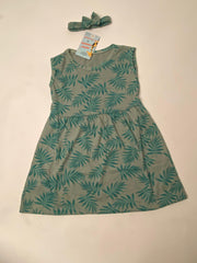 Green Leaves 2 PCs Sleeveless Casual Frock With Matching Hairband For Baby Girl-Cotton Stuff Summer Baby Frocks