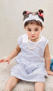 White Polka Dots Casual Frock With Matching Hairband For Baby Girl-Cotton Stuff Summer Baby Frocks