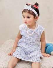 White Polka Dots Casual Frock With Matching Hairband For Baby Girl-Cotton Stuff Summer Baby Frocks