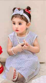 White Polka Dots Casual Frock With Matching Hairband For Baby Girl-Cotton Stuff Summer Baby Frocks