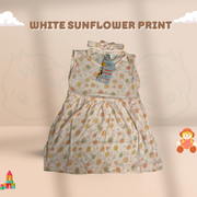 *Premium Design* White SunFlower Print - Sleeveless Casual Frock With Matching Hairband For Baby Girl-Cotton Stuff Summer Baby Frocks (1pcs)